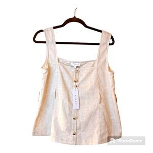 GILLI Linen Blend Square Neck Sleeves Block Top - Button Up Size L NWOT